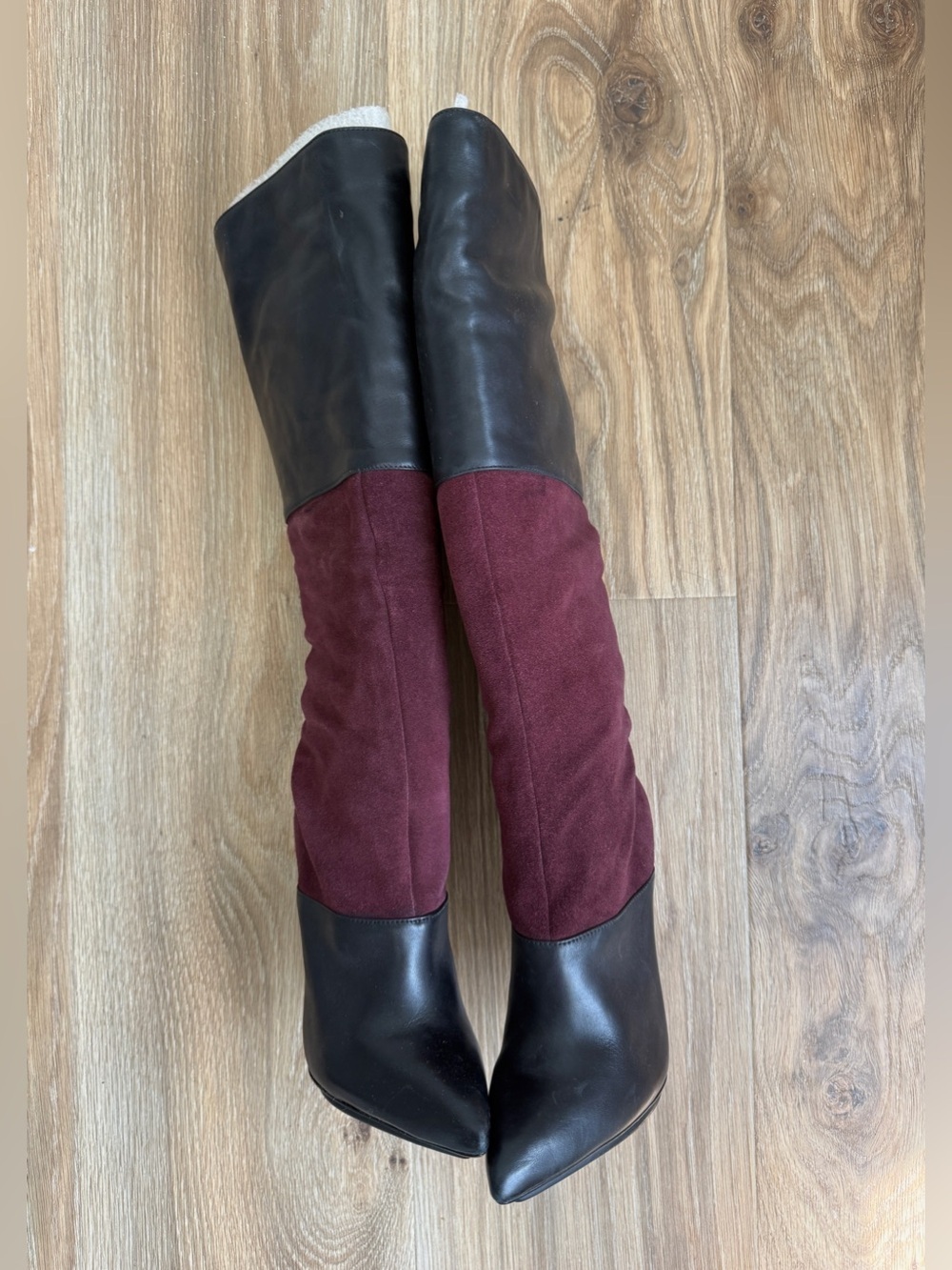 Schutz Leather & Suede Colorblock Over-the-Knee Boots Size 7.5B Burgundy Black - Picture 5 of 10